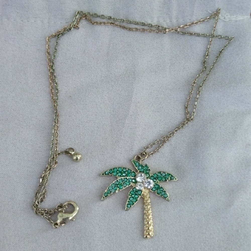 Gold and Green Palm Tree Necklace with Enamel Accents